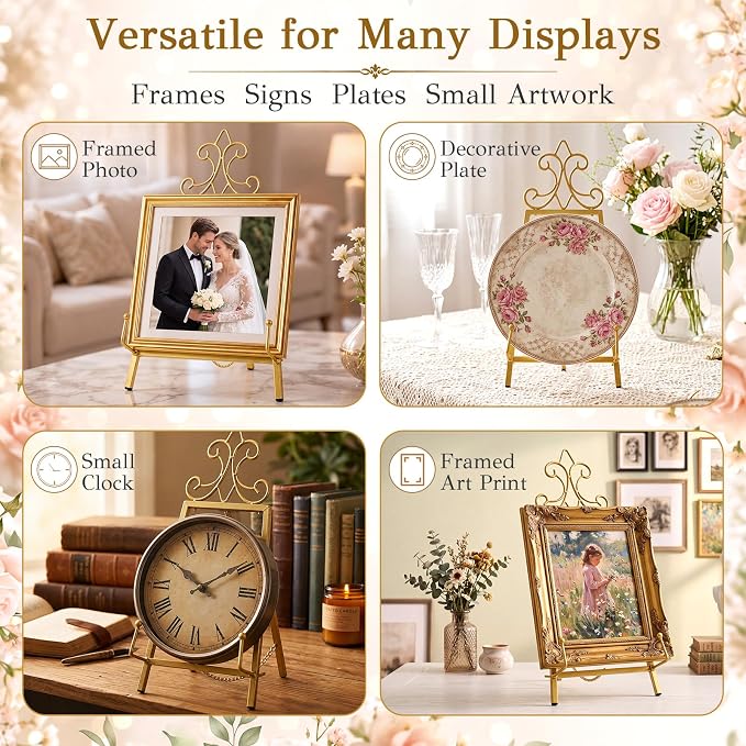 Pinkunn 19.1" H x 8.6" W Vintage Gold Metal Tabletop Easel Stand for Sign Display, Picture Holder for Wedding Table Decorations Art Stand for Painting Photos Books and Decorative Plates Pretty Easel
