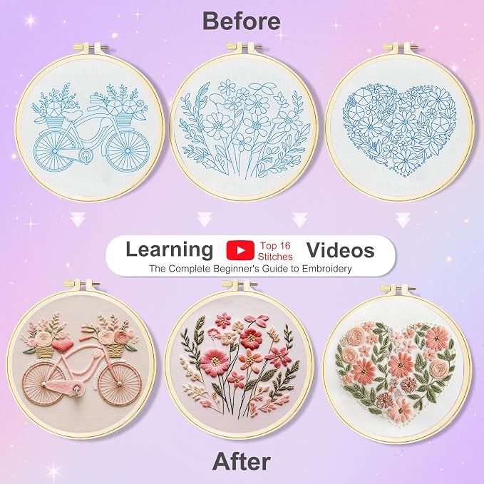Huacan Embroidery Kit for Beginners with Tutorial Video & Gift Box | DIY Pre-printed Floral Patterns, 7.9×7.9 inch Fabric, Complete Embroidery Supplies with Gift Box for Starters & Craft Lovers
