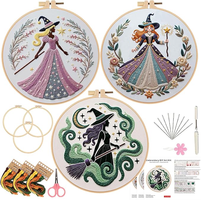 Embroidery Kit for Adults, Pre-Stamped Pattern Embroidery Kit for Beginners, Hand Needlepoint Starter Kit with Hoop Thread Needle Instruction, 7.9'' Hoop (Witch 3 Packs)