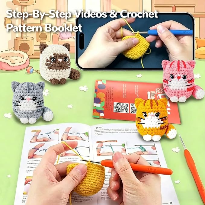 obvade Crochet Kit for Beginners Knitting Kit for Beginners Crochet Animal Kit Beginner Crochet with Step-By-Step Video Tutorials 4 Pack Cats