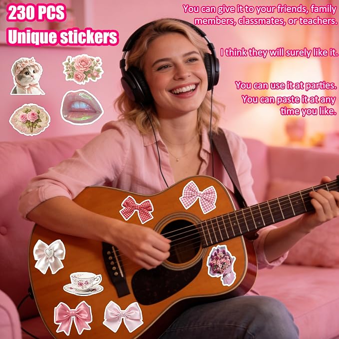 230pcs Coquette Stickers Cute Vinyl Laptop Waterproof Aesthetic Pink Pack for Girls Water Bottles Laptop Computer Phone Guitar (230pcs Coquette Stickers)
