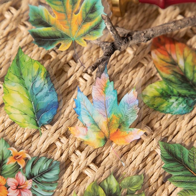 90 Pcs Aesthetic Realistic Watercolor Leaf PET Stickers for Scrapbooking