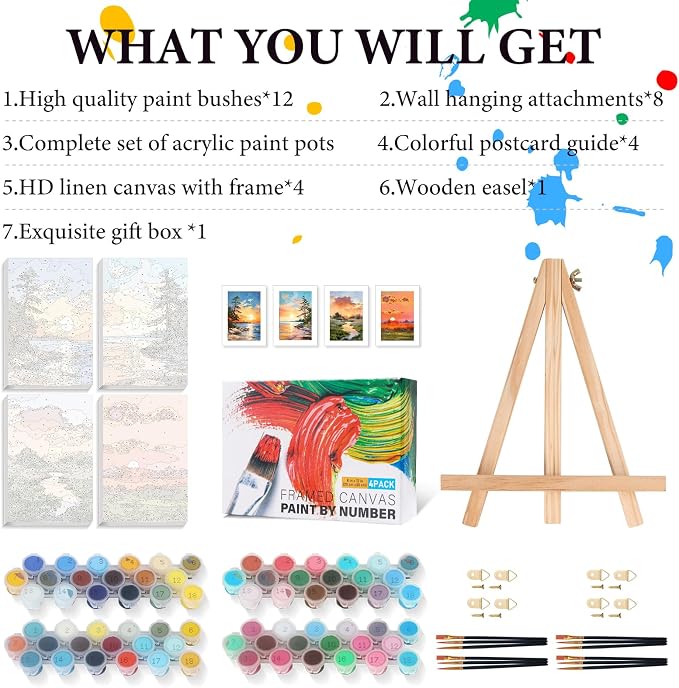 4 Pack Framed Paint by Numbers Kit for Adults with Wooden Easel 8x12 Inch | Sunrise and Sunset Landscape, For Adults Beginner, DIY Acrylic Painting, Stress Relief Craft Kits, Home Wall Decor Gift
