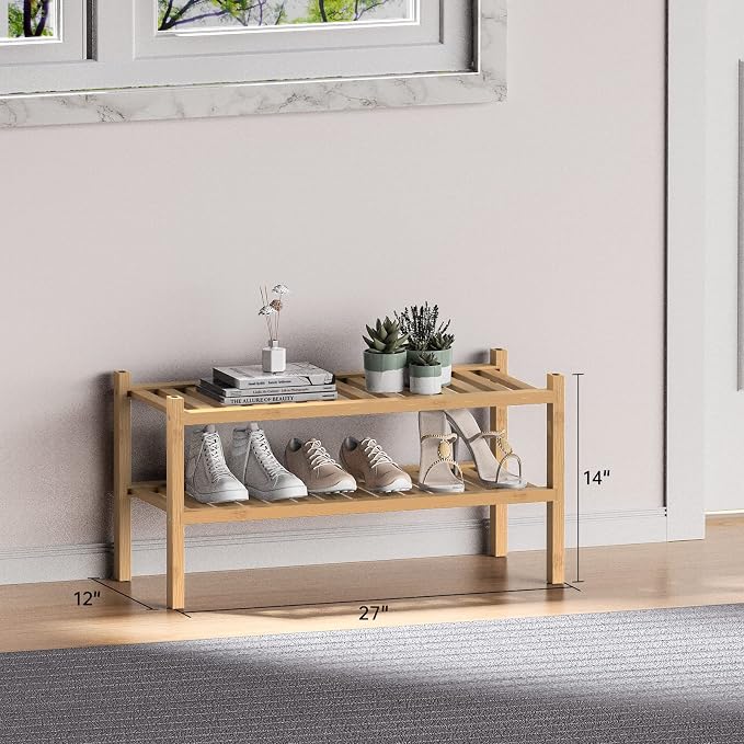 ROMGUAR CRAFT (Thick Bamboo Shoe Rack for Entryway, 2-Tier Free Standing Shoe Racks Stackable Shoe Rack Organizer for Hallway Closet Living Room 27 x12 x14 Inches