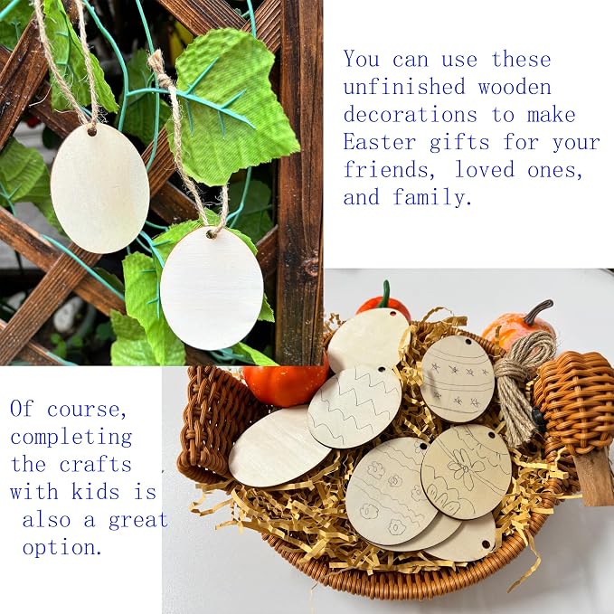 60PCS Unfinished Wood Egg Cutouts with Sling Hole