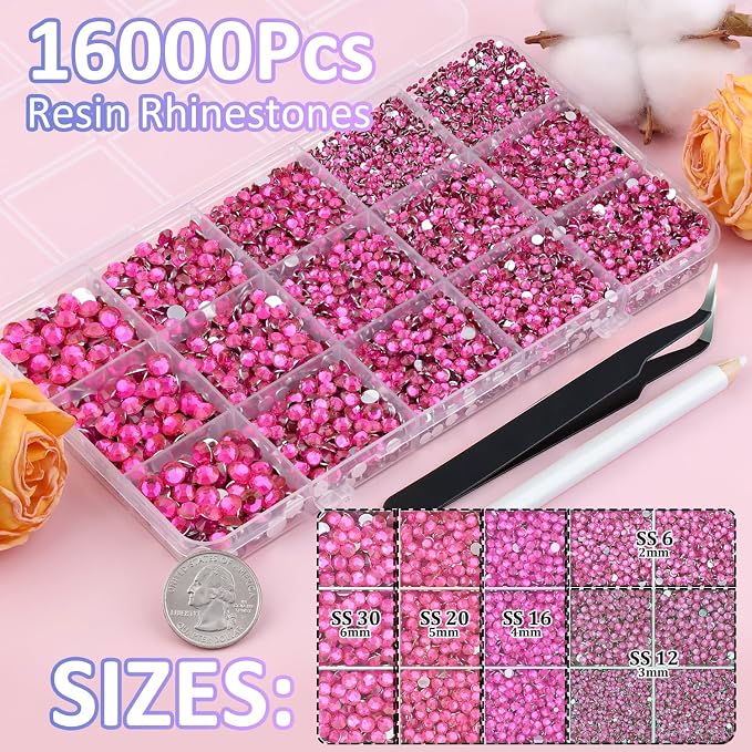 16000Pcs Resin Rhinestones with Tweezers for Crafting, Hot Pink 2-6mm Mixed Sizes Bedazzling Crystal with 3Pcs 10ml B7000 Jewelry Glue for DIY Crafts Clothing Tumblers Shoes Fabric Nail Art