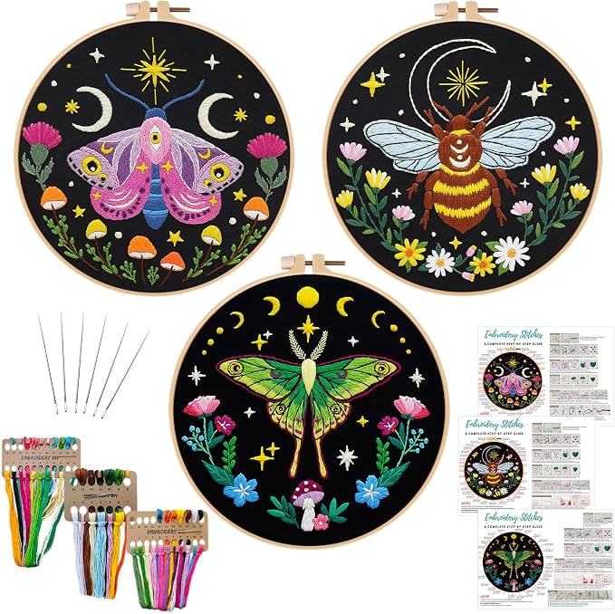 Nuberlic 3 Pack Embroidery Kit for Beginners, Moth and Bee Patterns