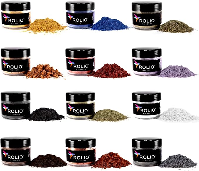 Rolio - Mica Powder Color Pigment Set - Earth Colors, 10g, 12 Jars | Pearlescent Color Pigments, Resealable Jars for Epoxy Resin, Soap Making, Candles, Slime, Nail Art, and DIY Crafts