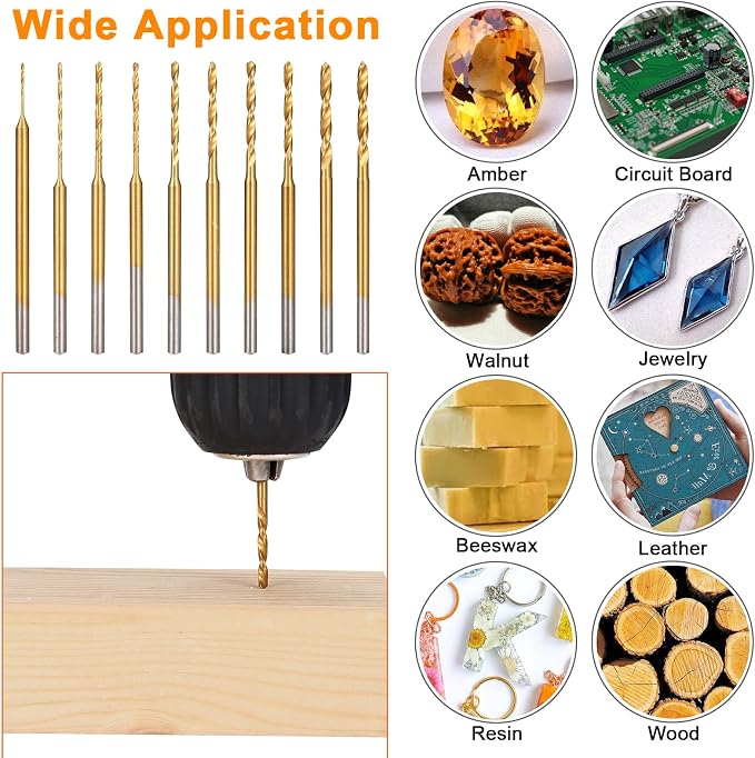 Uolor Mini Twist Drill Bit Set, 10Pcs Micro Engraving Drill Bits, 0.6mm-2.2mm, HSS 2.35mm Shank Titanium Coated Tiny Drill Bit Hole Drilling Tool for DIY Resin, Jewelry, Amber, Circuit Board, Walnut