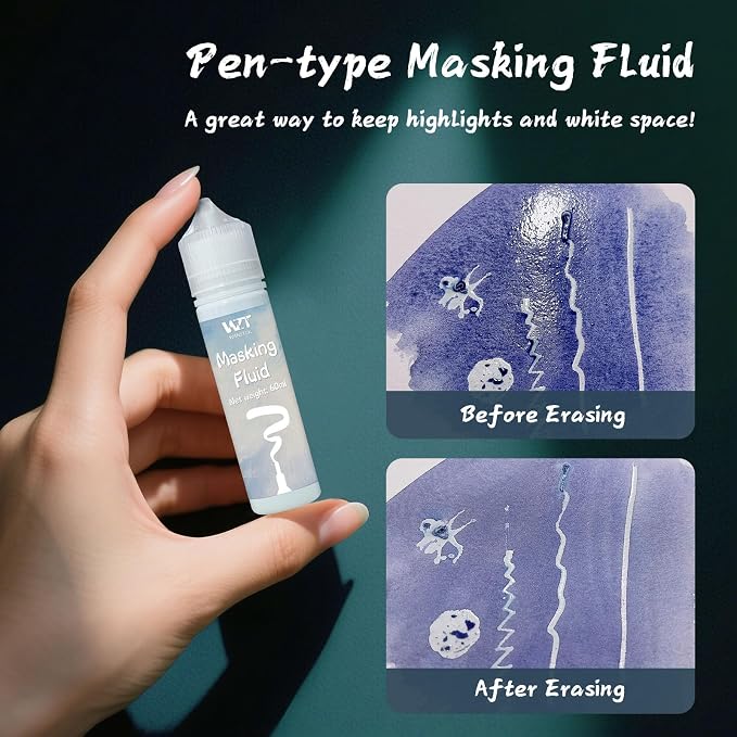 2Pcs Masking Fluid for Watercolor Painting with a Paintbrush and Eraser - Art Masking Fluid Pen Watercolor Medium Art Supplies for Artists - 60ml Blue+60ml White