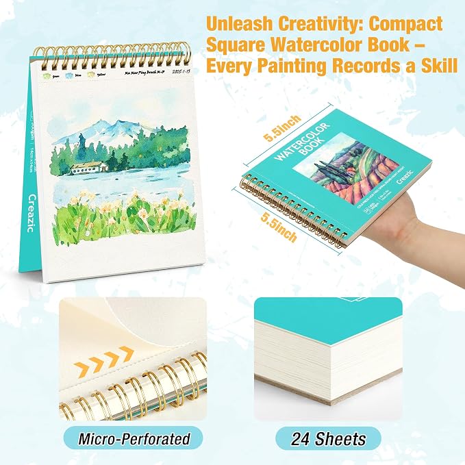 Creazic 5.5"x5.5" Square Watercolor Sketchbook (140lb/300g) - Artist-Grade Paper, Spiral Bound w/Tear Line. Compact Travel Notebook for Watercolor, Hand Lettering & Sketches - Ideal for Kids & Adults