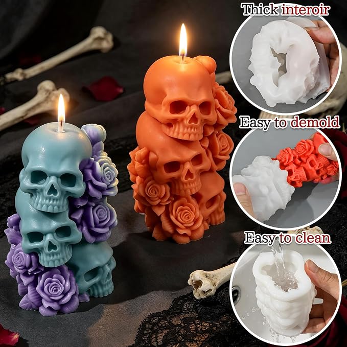 Halloween Skull Candle Mold, 3 Layer Columnar Rose Skull Mold | 3D Rose Style Skull Silicone Mold for Candle Making, Epoxy Resin Casting, Halloween Resin Night Light DIY Craft Handmade Gift