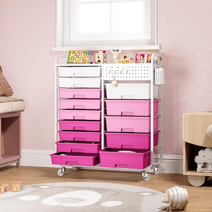 14 Drawer Rolling Storage Cart with Tabletop and Pegboard for Crafts Pink | Easy Setup, Large Capacity, Sturdy Build, Smooth Mobility, For classroom, office and dorm supplies