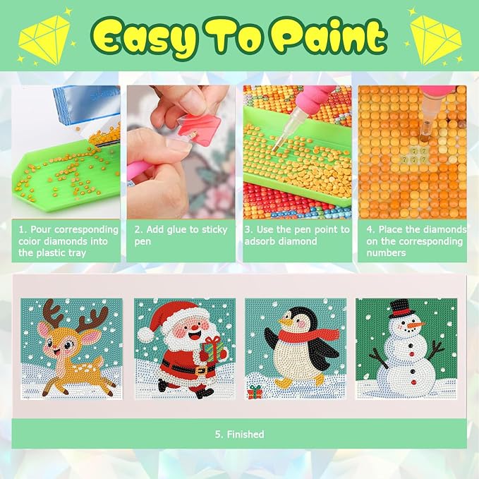 ICYANART 4 Pack Christmas Diamond Art Painting Kits for Kids 6x6 Inch | Christmas Diamond Art Kits for Kids Ages 4-8-12, Small Diamond Art Kits, Arts and Crafts for Kids(no Frame)