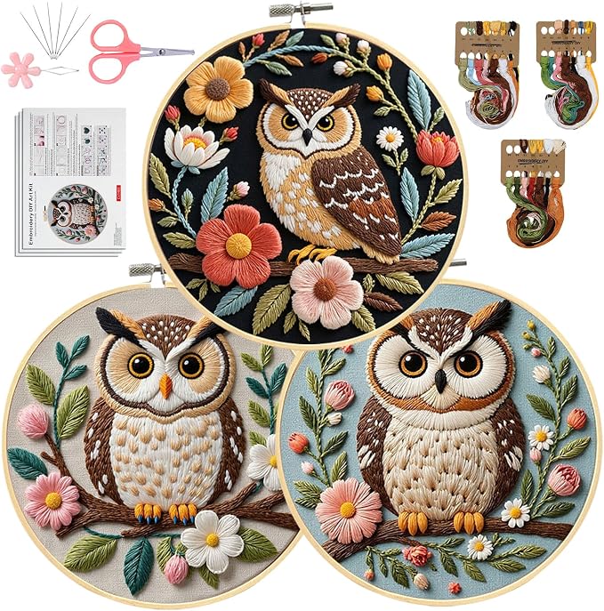 Santune Embroidery Kit for Beginners Needlepoint Cross Stitch Kits Adult Needle Point Sets with Owl Embroidery Patterns, Includes Step-By-Step Instructions and Accessories