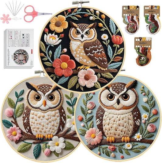 Santune Embroidery Kit for Beginners Needlepoint Cross Stitch Kits Adult Needle Point Sets with Owl Embroidery Patterns, Includes Step-By-Step Instructions and Accessories
