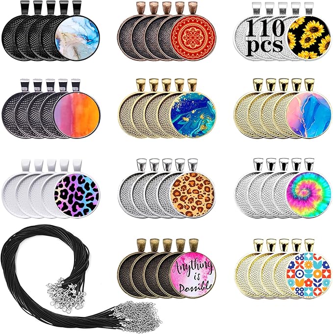 110Pcs Pendant Trays, Round Tray Set, Alloy Tray Charms Bulk, Bezel Pendant Trays for Homemade Jewelry and Necklaces, DIY Crafts, Resin Art, Paint Pour Skins, Costume Jewelry