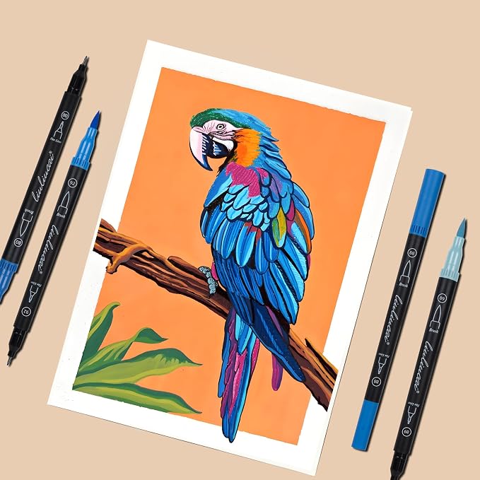 LIULIUCAI 10 Blue Dual Markers, Fine & Brush Tip Pen for Adult Coloring