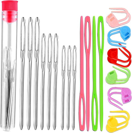 Orrdice 26 Pcs Sewing Knitting Kits, 9 Pcs Large-Eye Blunt Yarn Needles, 4 Pcs Plastic Weaving Needles,12 Pcs Colorful Knitting Crochet Locking Counter Stitch Needle, Suitable for Crochet Project
