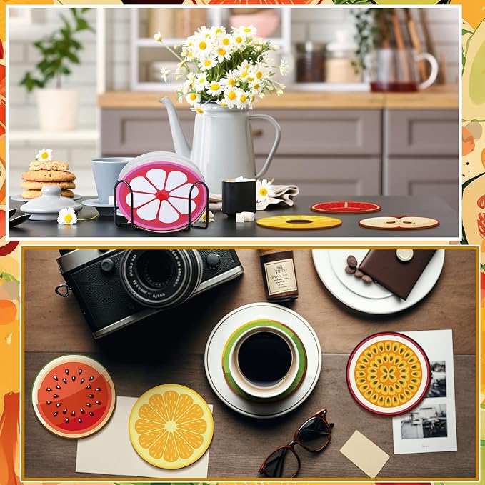 Reallnaive 8 Pcs Fruit Paint by Numbers Kit for Adults Wooden Coasters | Mini Paint by Numbers, Tiny Round Oil Painting Drink Coaster with Holder, for Small DIY Craft Birthday Gift