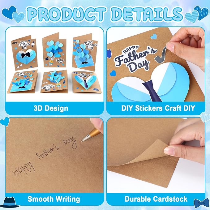 Yomjress 24 Sets Father's Day DIY Card Making Kit 3D Heart Tie Trophy Greeting Cards with Envelope Stickers Fathers Day DIY Card Crafts for Gifts Exchange Best Dad Daddy Papa Party Favors