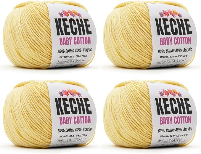 Keche Baby Cotton, 60% Cotton 40% Acrylic Yarn, Soft Cotton Yarn for Crochet and Knitting, Amigurumi Yarn 4 Skeins/Balls [1.76 Oz (50g) / 180 Yrds (165m)] x 4 - Pastel Yellow