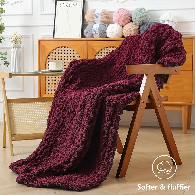 Cozyful Chunky Yarn for Hand Knitting - #10 Chunky Chenille Yarn, Jumbo Big Thick Chunky Yarns for Crocheting, Super Bulky Chunky Knit Blanket Yarns, 8 Skein (22 yds 8 oz Each Skein), Burgundy