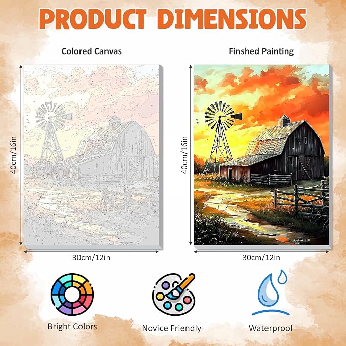 DOMROM Framed Paint by Numbers Kit for Adults Beginners, DIY Farmhouse Barn Paint by Number Kit on Canvas, DIY Oil Painting Kits for Home Wall Decor Gift 12x16inch