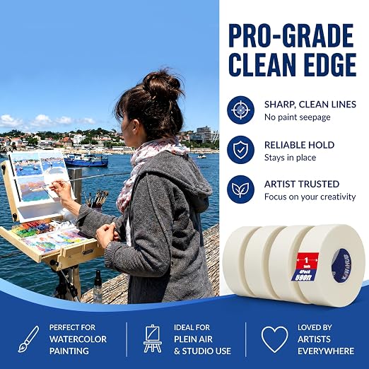 4 Packs Artist Tape for Watercolor Paper - 1IN Wide 592FT Long | White Masking Artists Tape for Drafting, Art Painting and All Paper Media - Acid Free