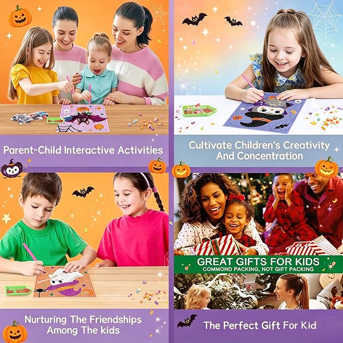 4 Pack Halloween Diamond Art Kits for Kids Ages 4-8-10-12 Gem Art for Kids | Halloween Diamond Painting Kits for Kids, Kids Diamond Art Small, Gem Painting Kit for Boys Girls,for Gift and Decor 6x6 Inch