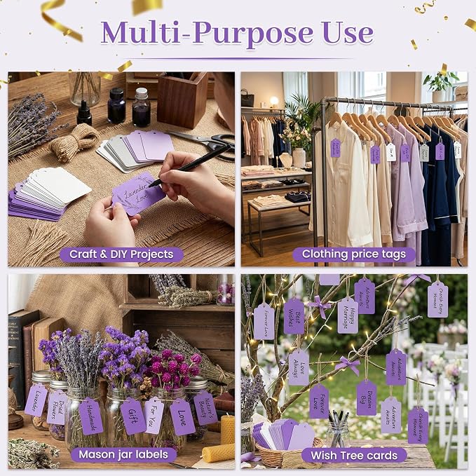 SallyFashion 170 PCS Gift Tags with String Attached, 1.8X3.4 inch | Multicolored Hanging Tags Purple Gray White, Wedding Birthday Holiday Party Favors