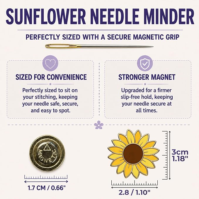 The Quilted Bear Magnetic Needle Minder, Sunflower | Enamel Needle Keeper for Embroidery & Cross Stitch, Secure Holder for Sewing Needles & Pins, Strong Magnet, Sewing Accessory