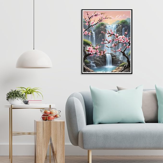 Paint by Numbers with Frame Wooden Easel-Plum Blossom Paint by Number Adult,Waterfall Paint by Numbers Framed Canvas,Adult Paint by Number Kits on Canvas Framed Gifts and Home Wall Decor 12x16inch