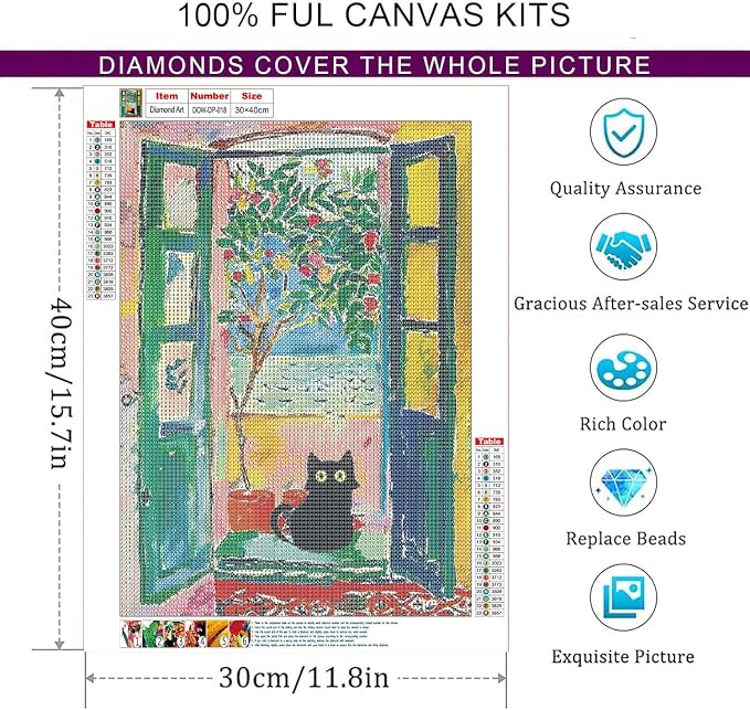 Diamond Art Kits for Adults, Black Cat DIY Diamond Painting Kits 12x16inch | Dorwendis 5D Cat Diamond Art Kits for Beginner,Round Full Drill Diamonds for Wall Home Decor Arts Craft