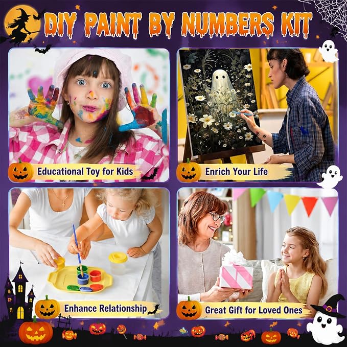 2 Pack Halloween Paint by Numbers Kit for Adults (Ghost&Cat, 8x12inch)
