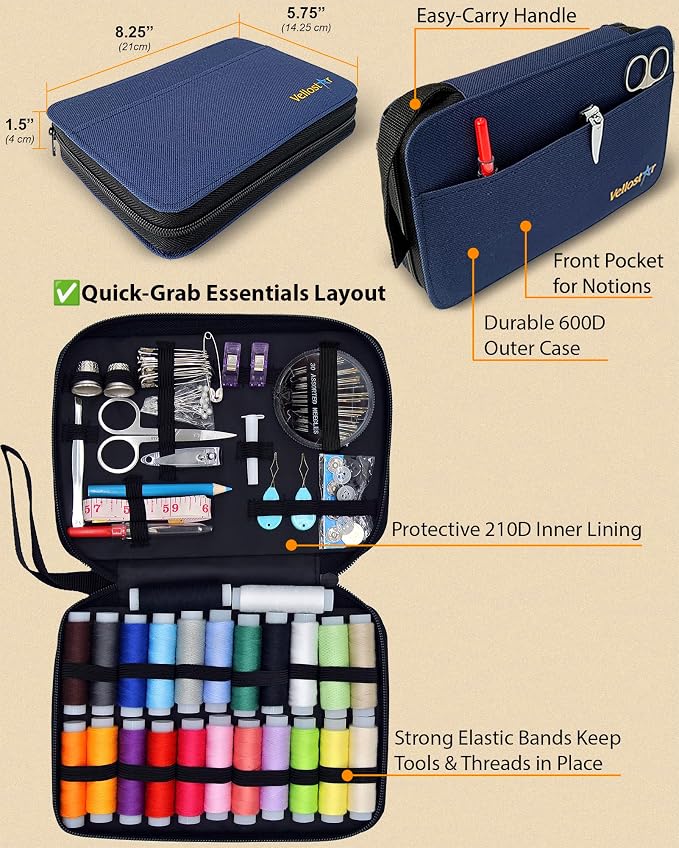Vellostar Sewing Kit for Men & Adults - 100-Piece Navy Blue Beginner Set | 100-piece navy blue sewing kit with 36 needles, thread, scissors, and a durable travel case