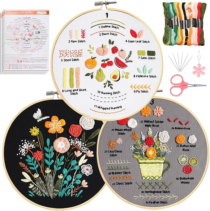 Santune 3 Pack Beginner Embroidery Kits for Adults DIY Starter Kit with 33 Stitch Techniques, Stamped Patterns, Embroidery Hoop, Colorful Threads,Stitch Video Tutorial