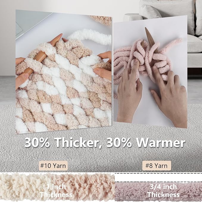 Cozyful Chunky Yarn for Hand Knitting - #10 Chunky Chenille Blanket Yarn, Jumbo Big Thick Chunky Yarns for Crocheting, Tie Dye Bulky Knit Yarns, 8 Skein (20 yds 8 oz Each Skein), White & Khaki & Beige