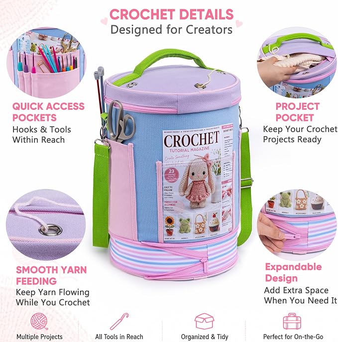 Canvas Yarn Storage Organizer with Removable Dividers, Crochet&Knitting Bag | Expandable canvas yarn organizer with removable dividers, yarn feed holes, project storage and multiple tool pockets