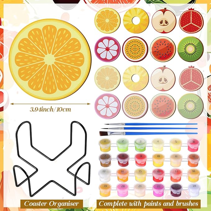 Reallnaive 8 Pcs Fruit Paint by Numbers Kit for Adults Wooden Coasters | Mini Paint by Numbers, Tiny Round Oil Painting Drink Coaster with Holder, for Small DIY Craft Birthday Gift