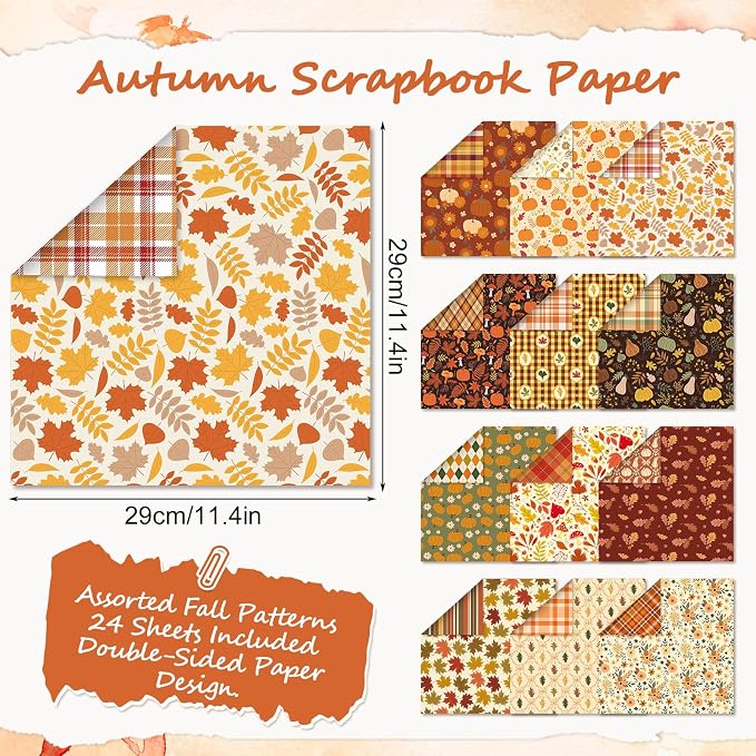 24 Sheets Fall Thanksgiving Scrapbook Paper Double-Sided, 11.4×11.4 Inch