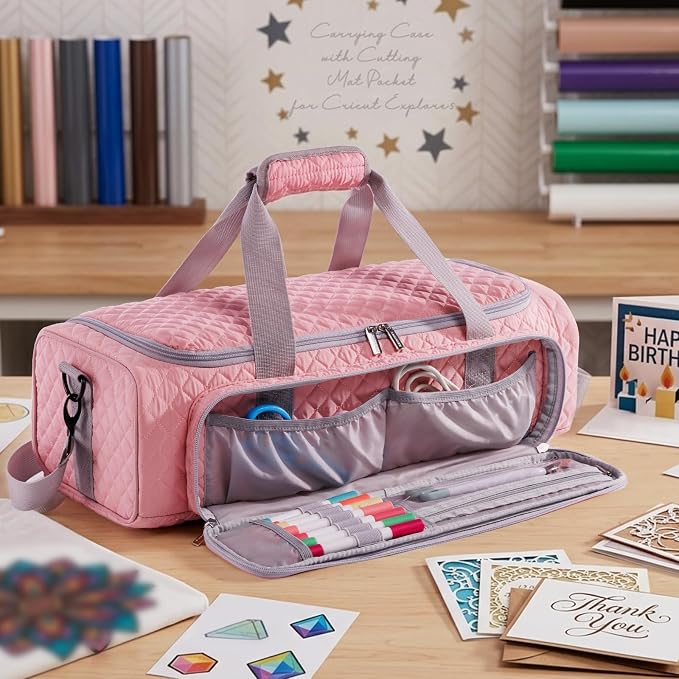 AMOIGEE Puff Carrying Case for Cricut Explore 5, Quilted Storage Bag for Die-Cutting Machine, Travel Craft Tote with Pockets for Vinyl, Tools, Mats and Cricut Accessories and Suppliers