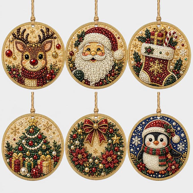 6Pcs Christmas Wooden Ornaments DIY Pearl Diamond Painting Kit (Christmas13)