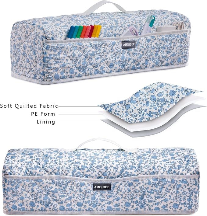 AMOIGEE Dust Cover for Cricuttt Maker 4 & Explore 4/3, Maker 3, Air 2, Quilted Protective Cover with Storage Pockets for Cutting Machine, Floral Fabric Anti-Dust Cover for Craft Machine Organizer