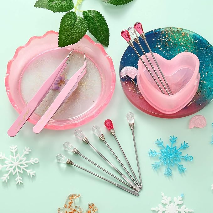 Maitys 11 Pieces Resin Spoon Tools Kit, 9 Pieces Stirring Poke Needle Scoop and 2 Pieces Tweezers for Glitter and Silicone Resin Mold Jewelry Making