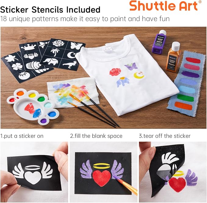 Shuttle Art Fabric Paint, 18 Colors Permanent Soft Fabric Paint in Bottles (60ml/2oz) with Brushes, Palette, Stencils, Non-Toxic Textile Paint for T-Shirts, Shoes, Jeans, Bags, DIY Projects&Art