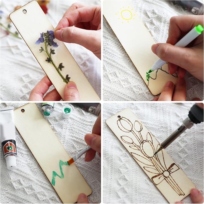 SWATOM Wood Bookmarks Blank DIY Semicircle Wooden Bookmark Craft Bulk 30 PCS Unfinished Wood Tags Ornaments with Holes and Tassels for Wedding Party Birthday Decoration
