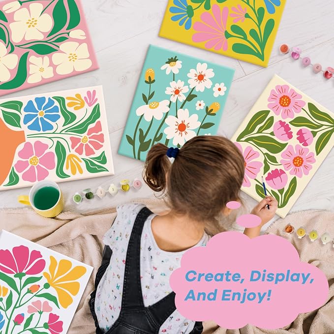 Goldentime 8 Pack Paint by Numbers Kit for Adults and Kids Beginners | 8x10 Inch Flower Canvas Painting Kit with 16 Brushes, 26 Acrylic Paints & Wooden Supports | Predrawn Canvas for Home Decor Gifts