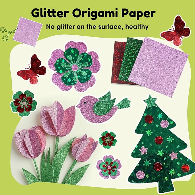 JoyCat Specialty Origami Paper Kit, 200 Assorted Finish Sheets, 6x6 Inch | Includes holographic laser, pastel glitter, glow-in-the-dark and embossed sheets for varied origami and DIY crafts.