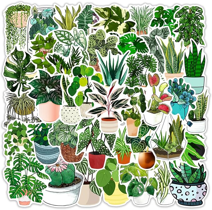 50 Pcs Green Plants Stickers Potted Plant Floral Sticker for Laptops Water Bottles Flower Pots Vases Decorative Phone Book Guitar Vinyl Decals for Kids Teens Adults
